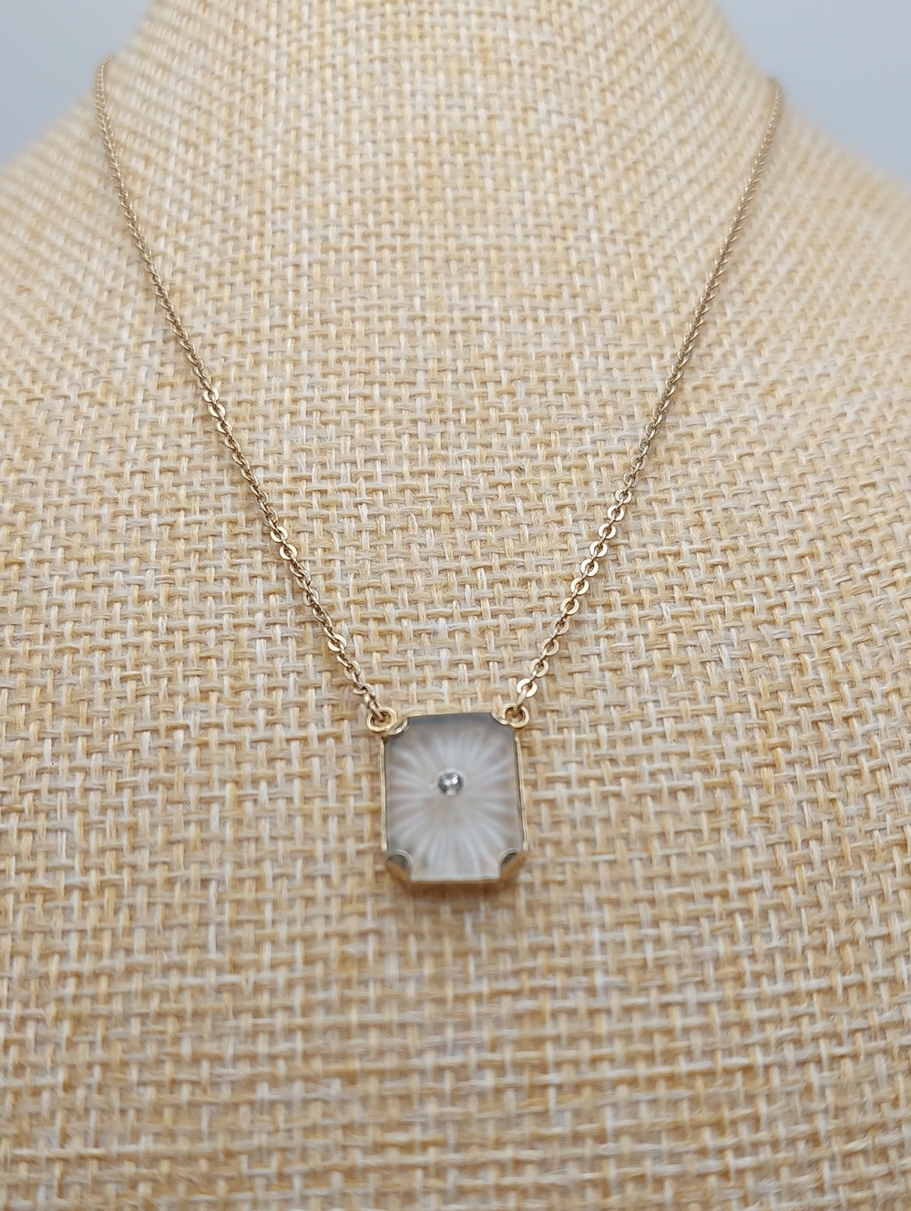 1928 Brand Vtg Camphor Glass Art Deco Rhinestone Goldtone Pendant Necklace